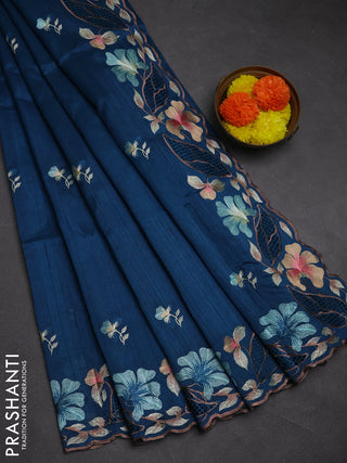 Peacock Blue Semi Raw Silk Saree - Embroidery Work