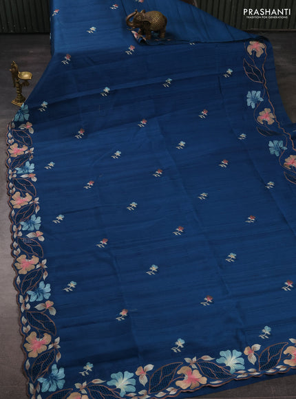 Peacock Blue Semi Raw Silk Saree - Embroidery Work