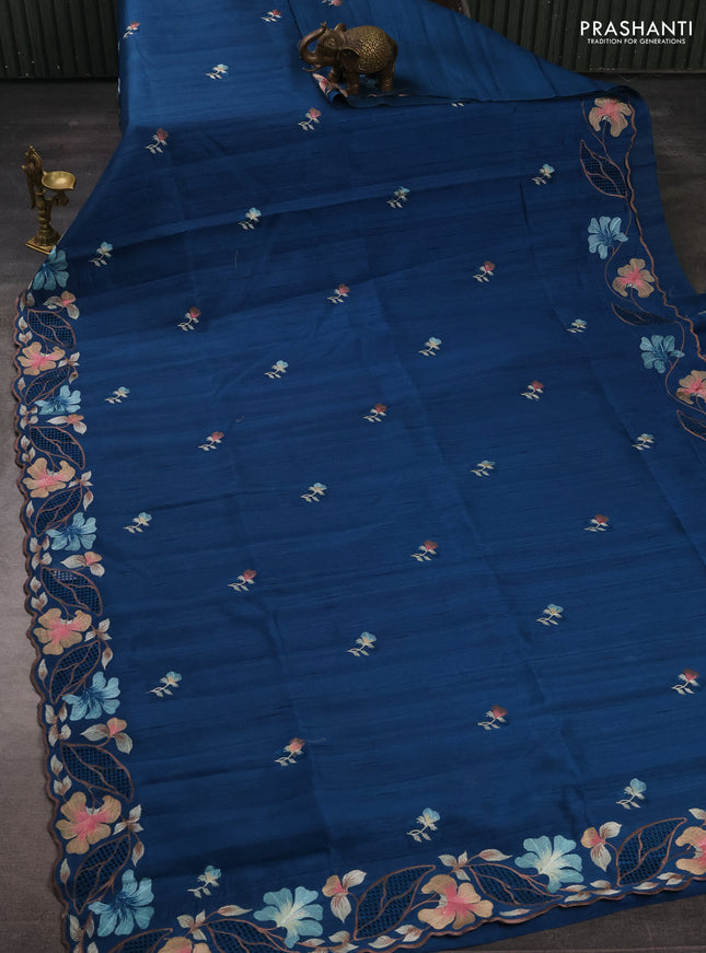 Peacock Blue Semi Raw Silk Saree - Embroidery Work
