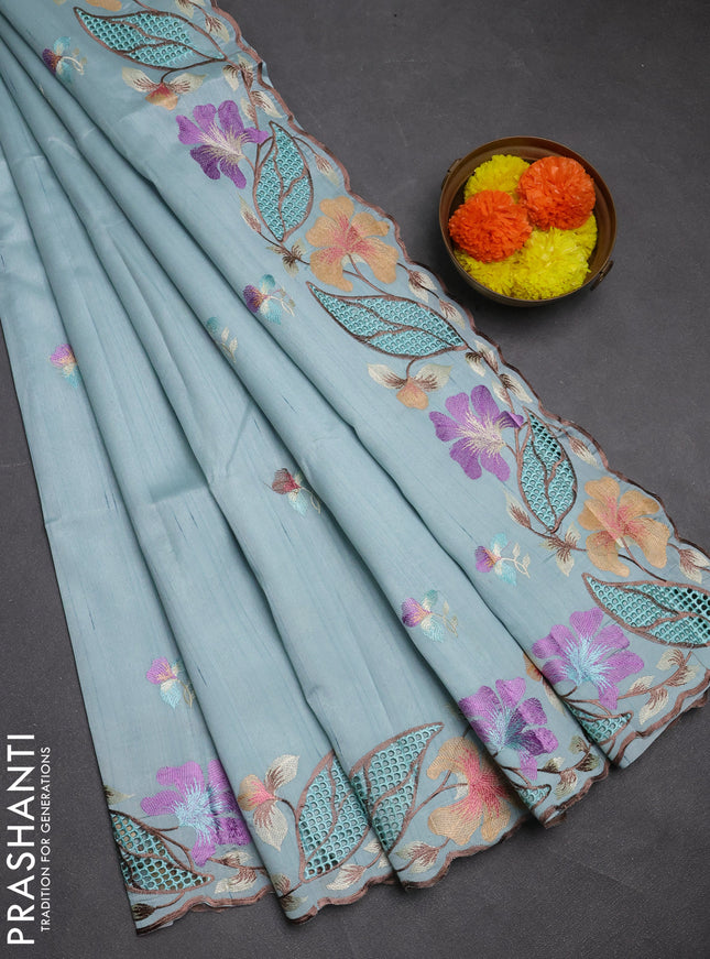 Pastel Blue Semi Raw Silk Saree - Embroidery Work