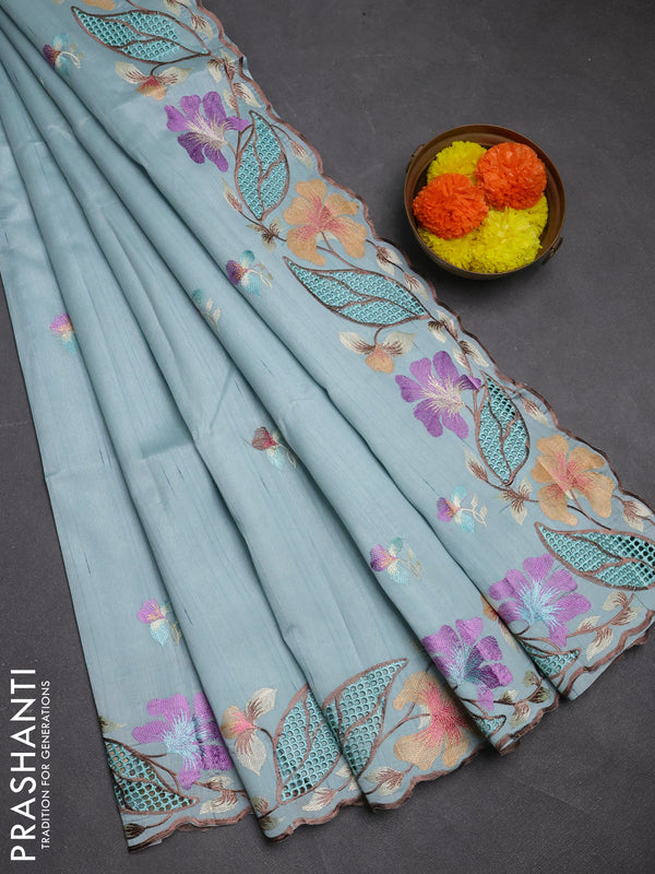 Pastel Blue Semi Raw Silk Saree - Embroidery Work