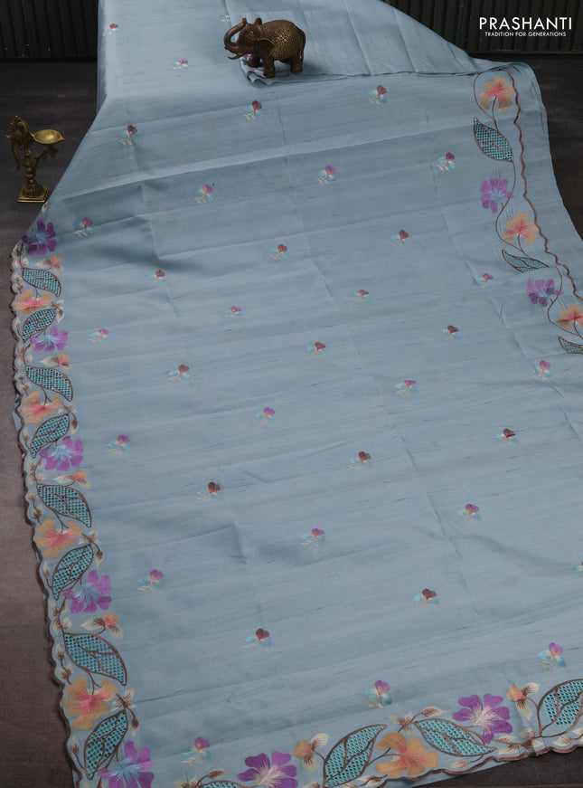 Pastel Blue Semi Raw Silk Saree - Embroidery Work