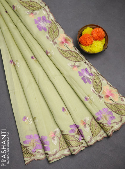 Pista Green Semi Raw Silk Saree - Embroidery Work