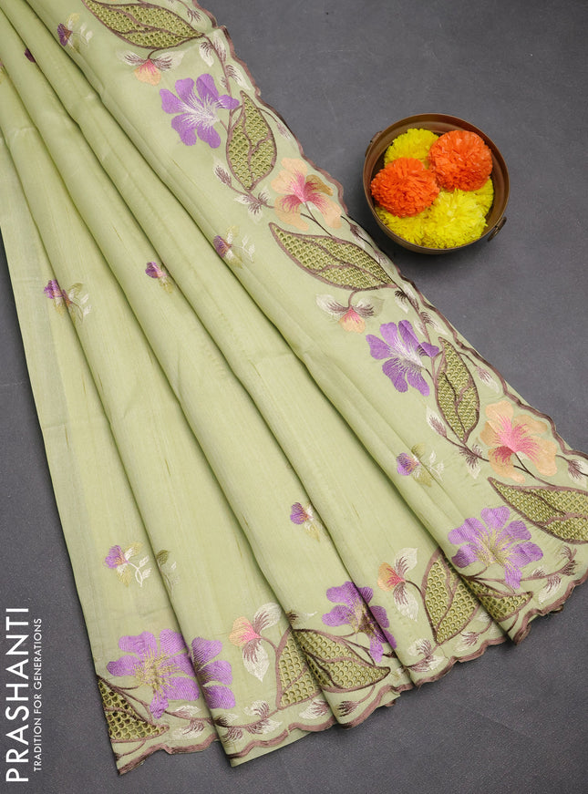 Pista Green Semi Raw Silk Saree - Embroidery Work