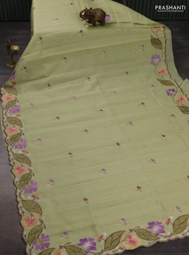 Pista Green Semi Raw Silk Saree - Embroidery Work