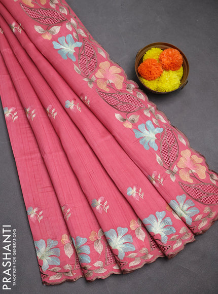 Pink Semi Raw Silk Saree - Embroidery Work