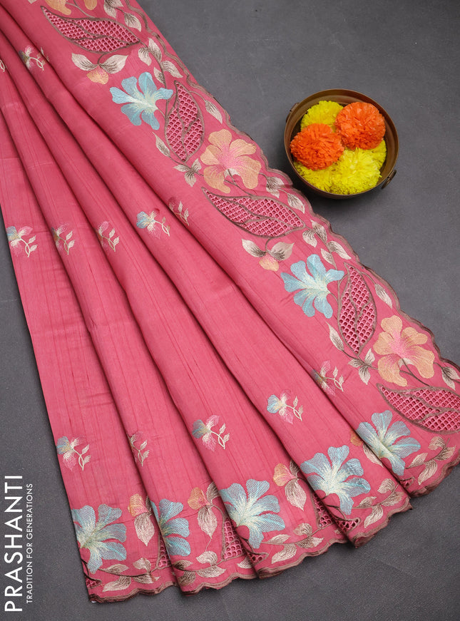 Pink Semi Raw Silk Saree - Embroidery Work
