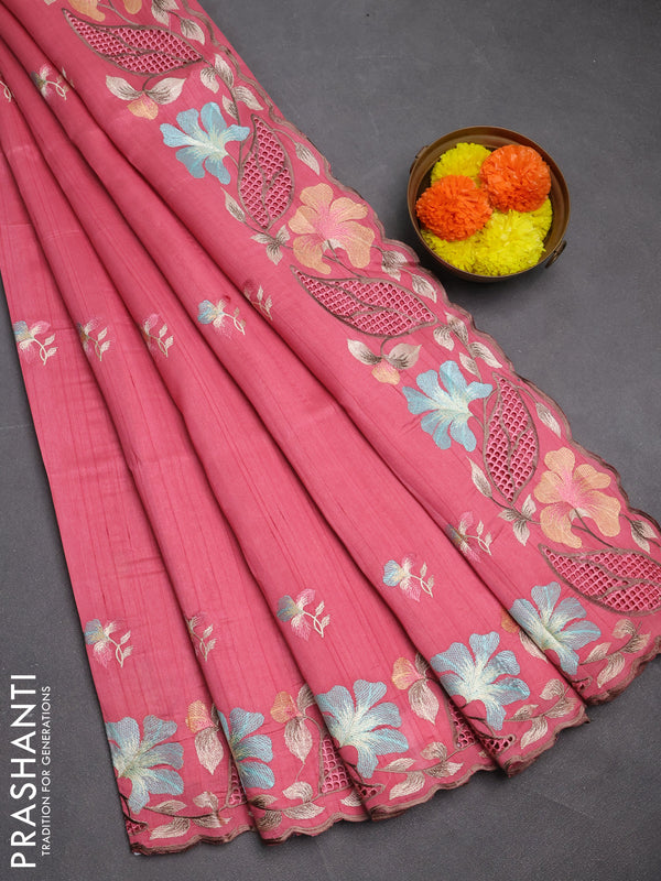 Pink Semi Raw Silk Saree - Embroidery Work