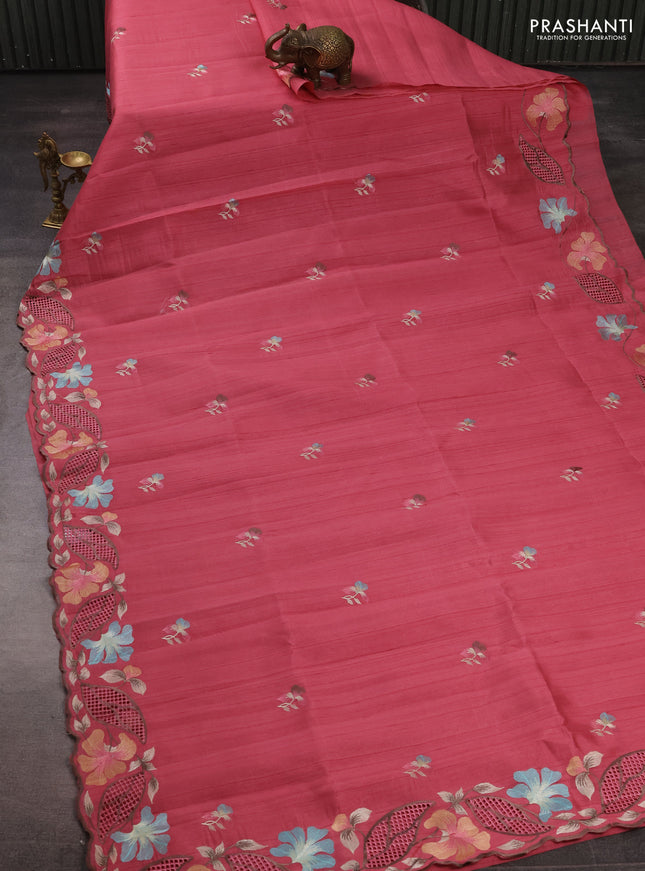 Pink Semi Raw Silk Saree - Embroidery Work