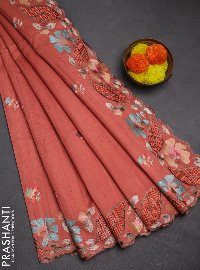 Peach Semi Raw Silk Saree - Embroidery Work