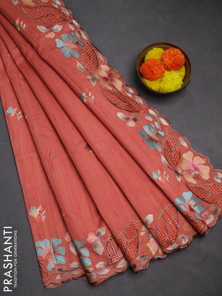 Peach Semi Raw Silk Saree - Embroidery Work