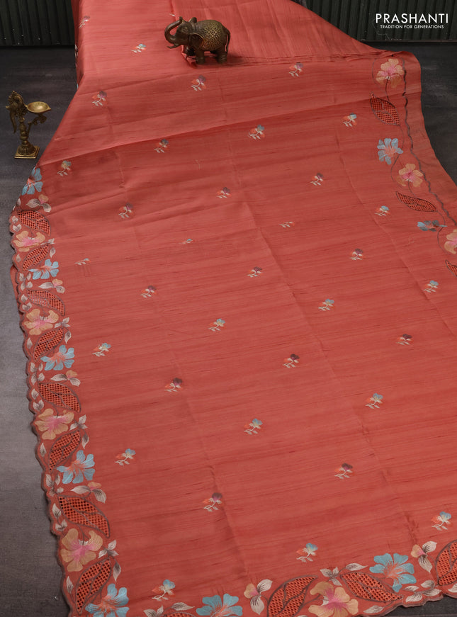 Peach Semi Raw Silk Saree - Embroidery Work