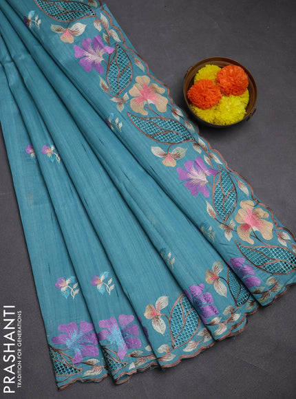 Teal Blue Semi Raw Silk Saree - Embroidery Work
