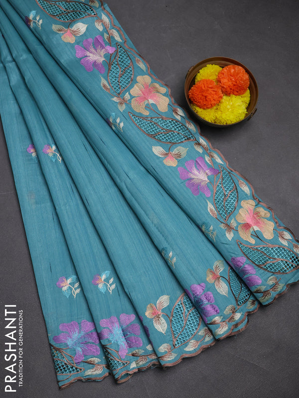 Teal Blue Semi Raw Silk Saree - Embroidery Work
