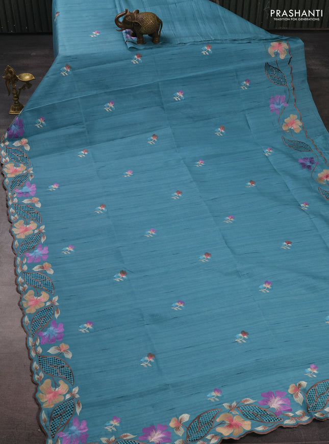 Teal Blue Semi Raw Silk Saree - Embroidery Work