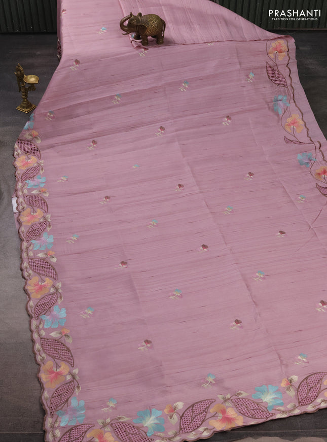 Pastel Pink Semi Raw Silk Saree - Embroidery Work