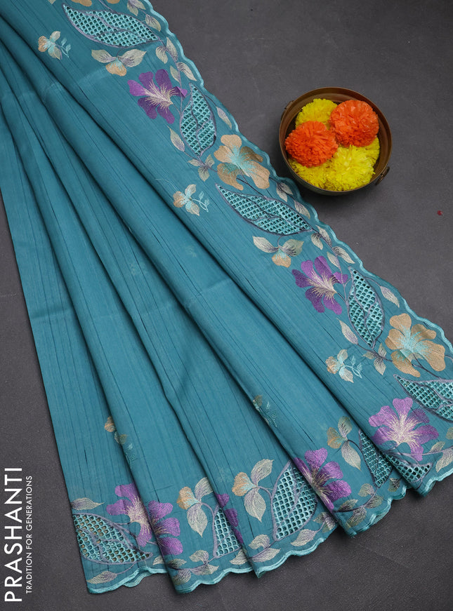Teal Blue Semi Raw Silk Saree - Embroidery Work