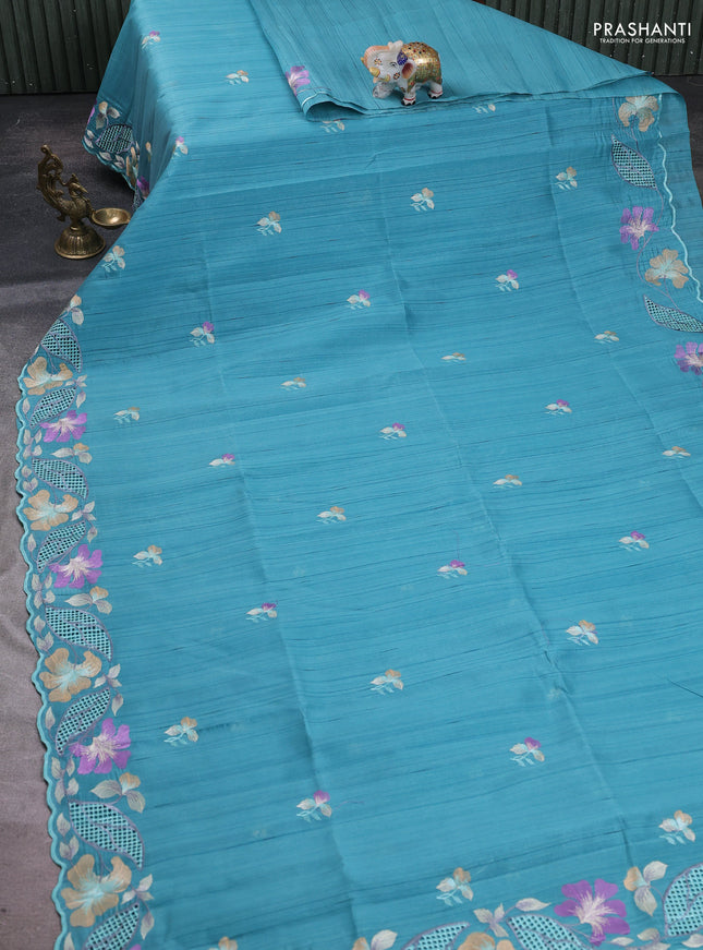 Teal Blue Semi Raw Silk Saree - Embroidery Work
