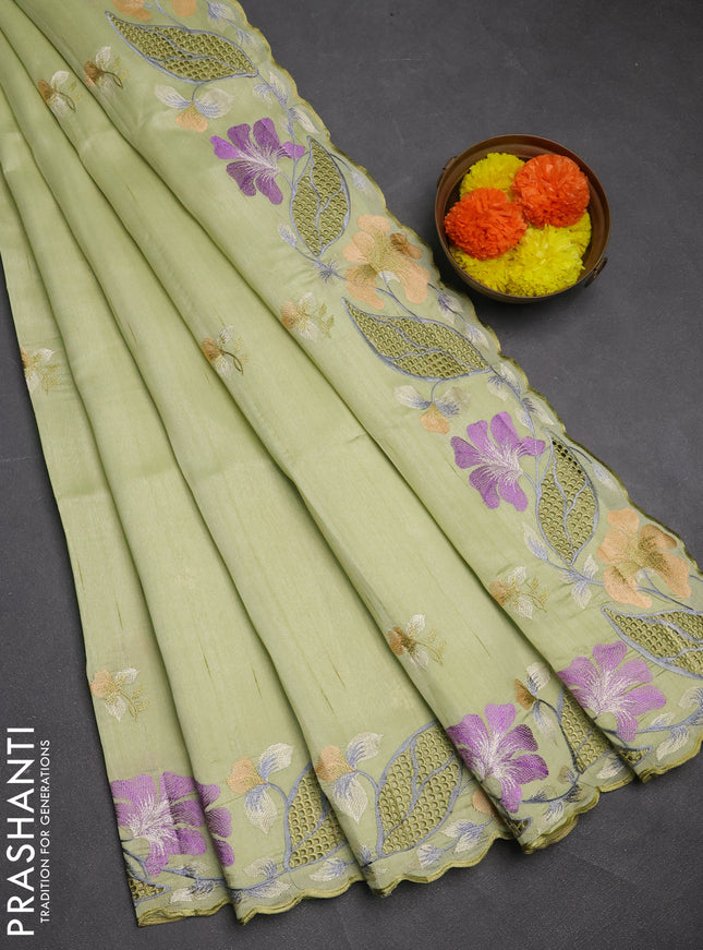 Pista Green Semi Raw Silk Saree - Embroidery Work