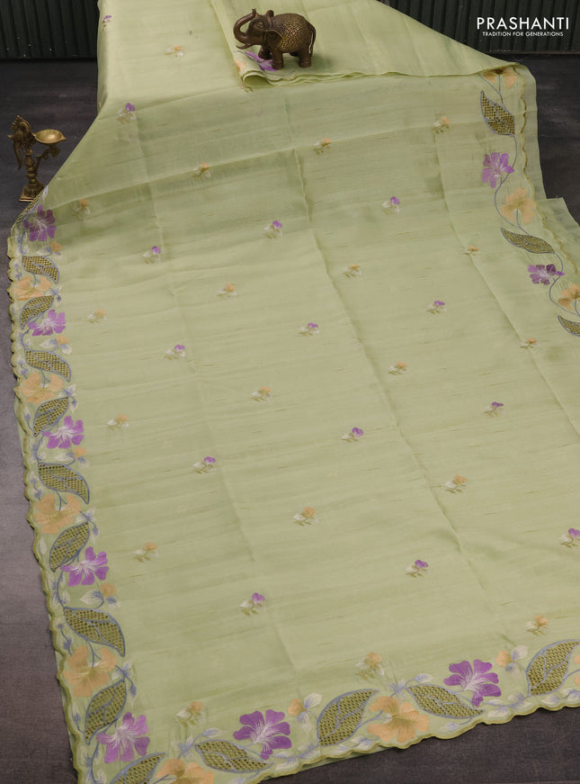 Pista Green Semi Raw Silk Saree - Embroidery Work