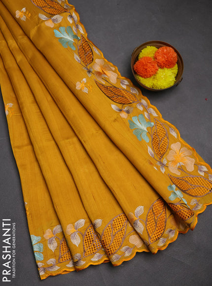 Mustard Yellow Semi Raw Silk Saree - Embroidery Work