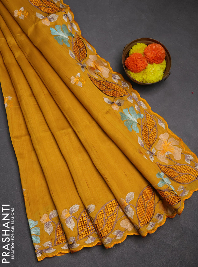 Mustard Yellow Semi Raw Silk Saree - Embroidery Work
