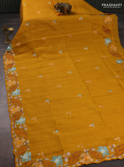 Mustard Yellow Semi Raw Silk Saree - Embroidery Work