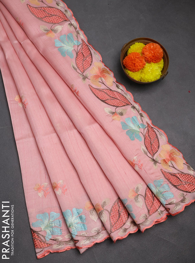 Peach Semi Raw Silk Saree - Embroidery Work