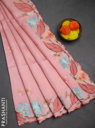 Peach Semi Raw Silk Saree - Embroidery Work