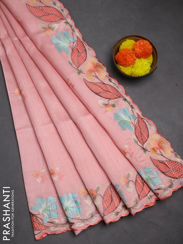 Peach Semi Raw Silk Saree - Embroidery Work