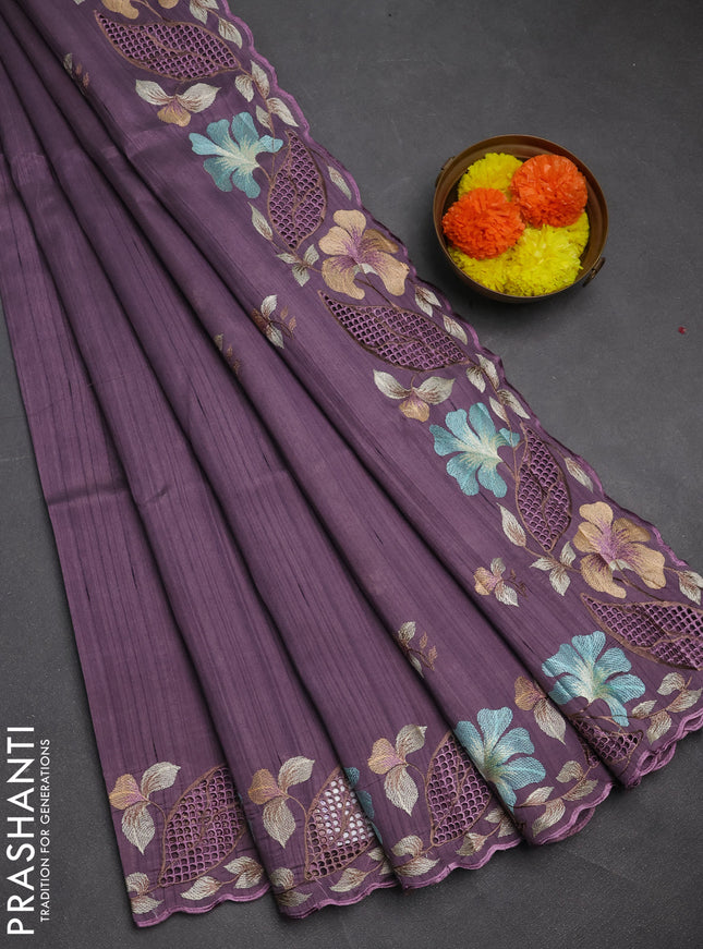 Pastel Purple Semi Raw Silk Saree - Embroidery Work