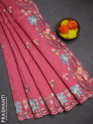 Peach Pink Semi Raw Silk Saree - Embroidery Work