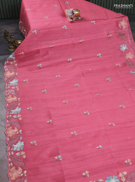 Peach Pink Semi Raw Silk Saree - Embroidery Work