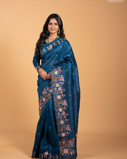 Peacock Blue Semi Raw Silk Saree - Embroidery Work