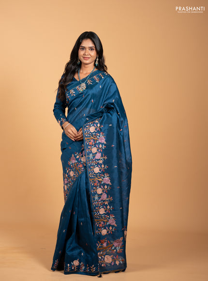 Peacock Blue Semi Raw Silk Saree - Embroidery Work
