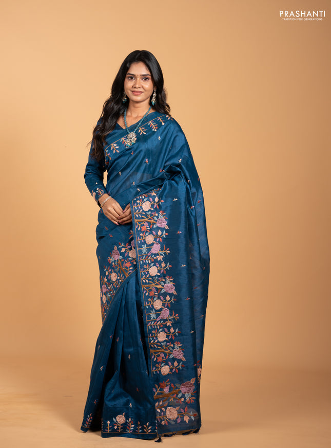 Peacock Blue Semi Raw Silk Saree - Embroidery Work