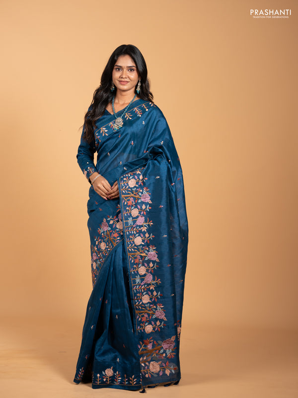 Peacock Blue Semi Raw Silk Saree - Embroidery Work