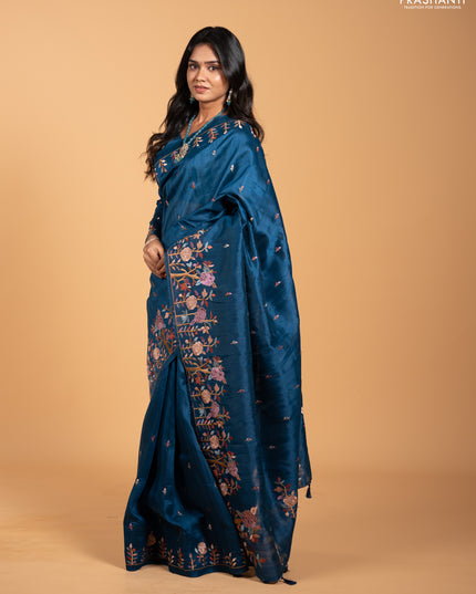 Peacock Blue Semi Raw Silk Saree - Embroidery Work