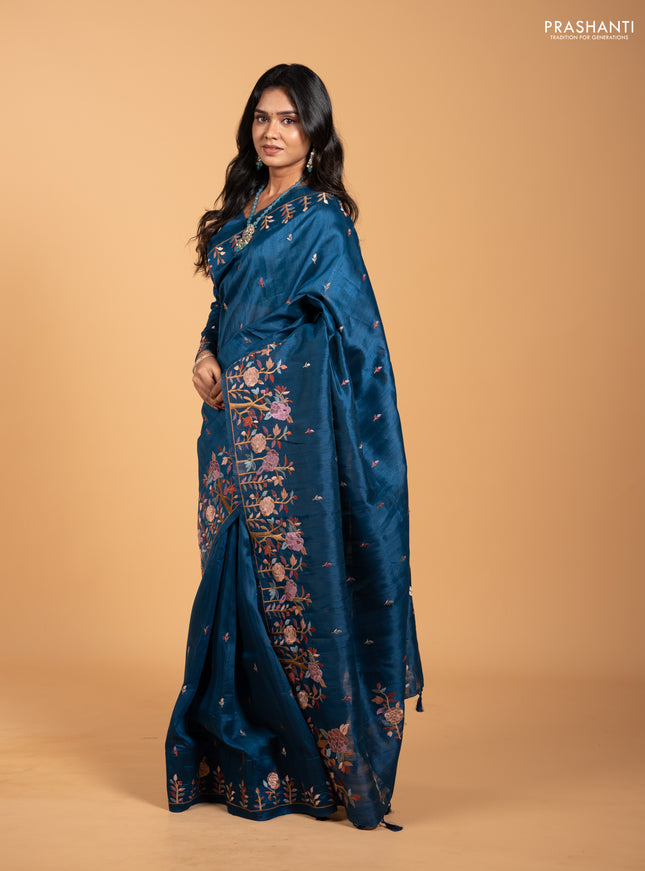 Peacock Blue Semi Raw Silk Saree - Embroidery Work