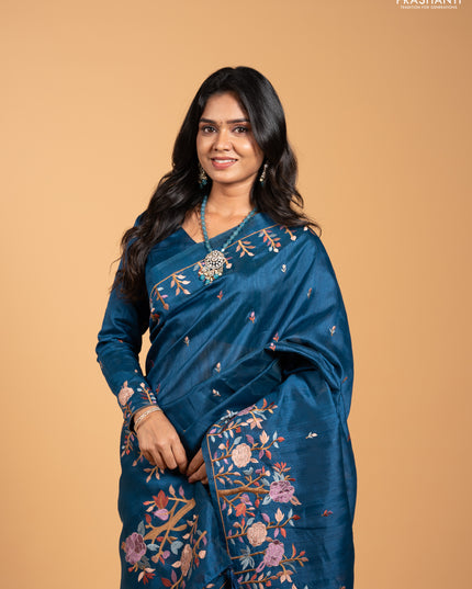 Peacock Blue Semi Raw Silk Saree - Embroidery Work