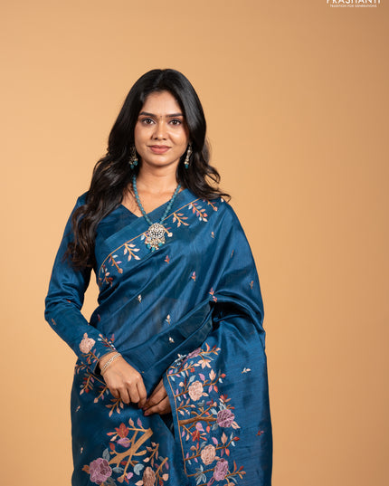 Peacock Blue Semi Raw Silk Saree - Embroidery Work