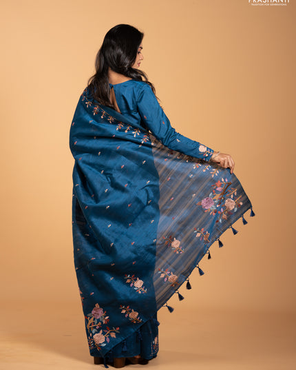Peacock Blue Semi Raw Silk Saree - Embroidery Work
