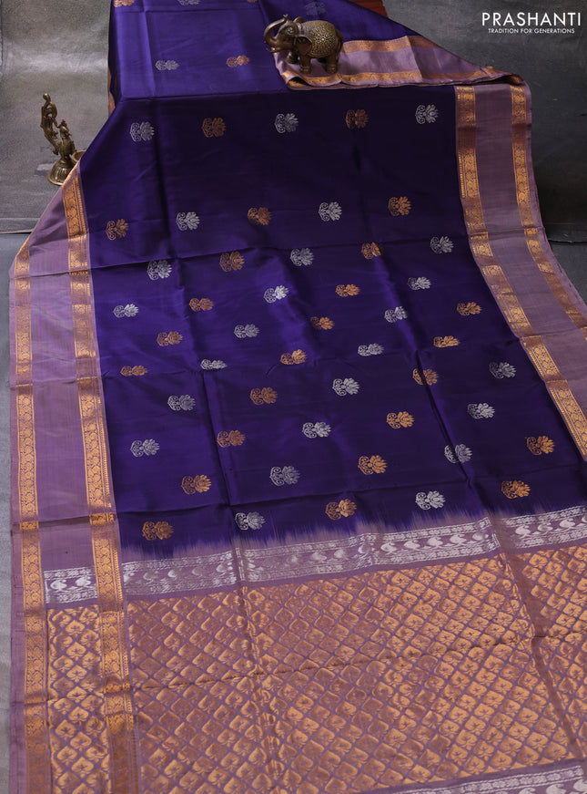 Navy Blue & Pastel Brown Pure Uppada Silk - Zari Buttas
