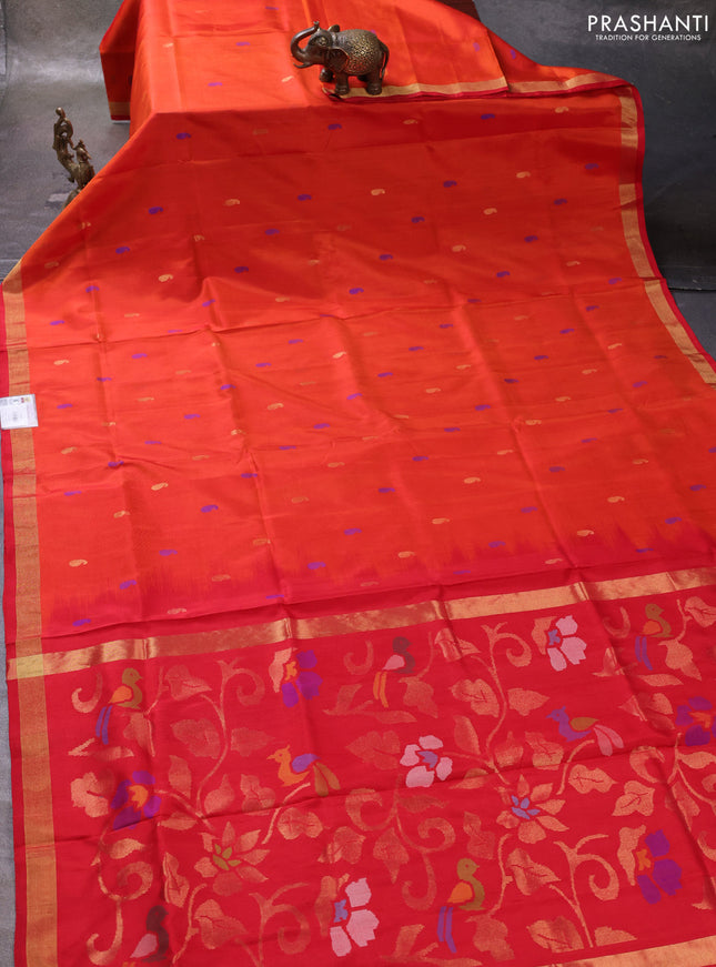 Orange & Red Pure Uppada Silk - Jamdani Design