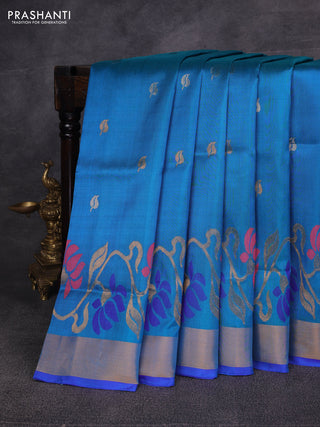 Teal Blue & Violet Pure Uppada Silk - Zari Buttas