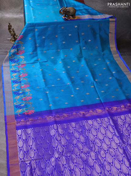 Teal Blue & Violet Pure Uppada Silk - Zari Buttas