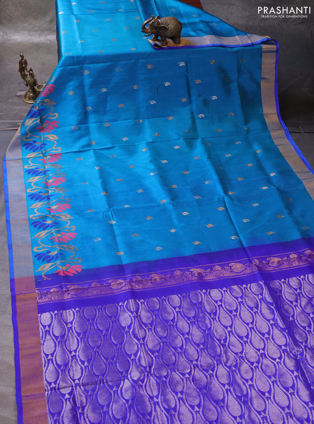 Teal Blue & Violet Pure Uppada Silk - Zari Buttas