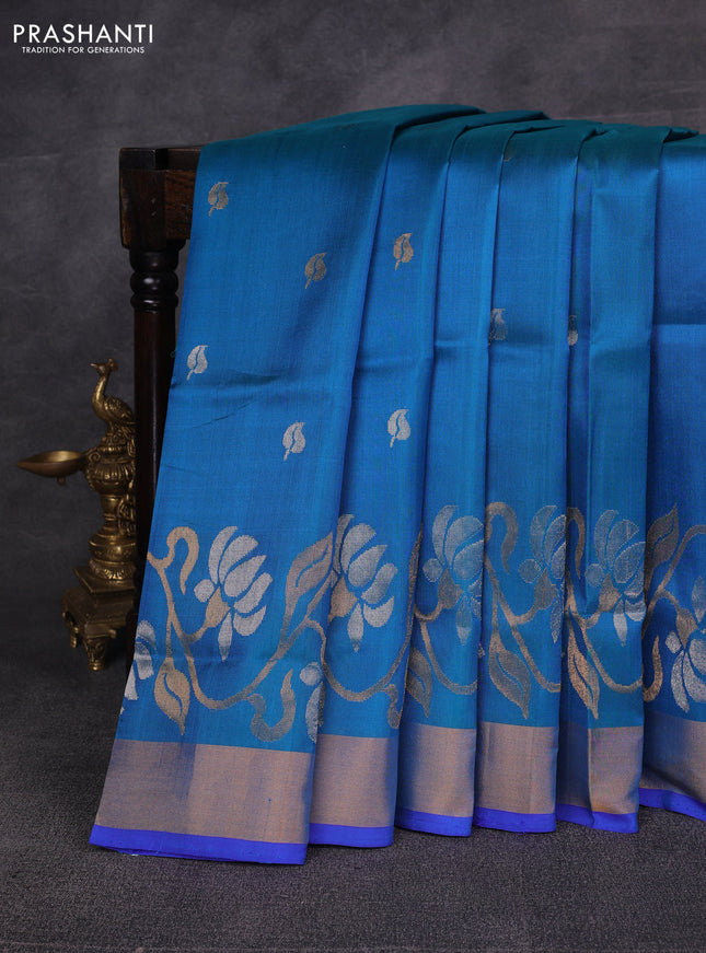 Teal Blue & Violet Pure Uppada Silk - Zari Buttas