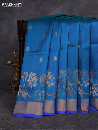 Teal Blue & Violet Pure Uppada Silk - Zari Buttas