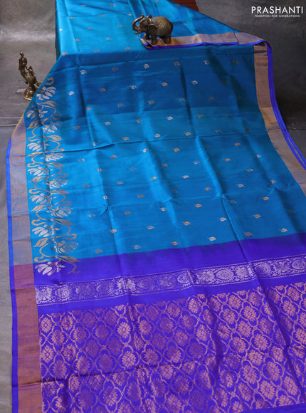 Teal Blue & Violet Pure Uppada Silk - Zari Buttas